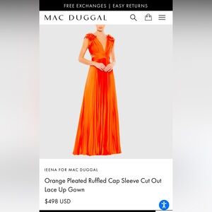 Mac Duggal Pleated Ruffle Cap Sleeve Cut Out Lace Up Dress. Sunset.